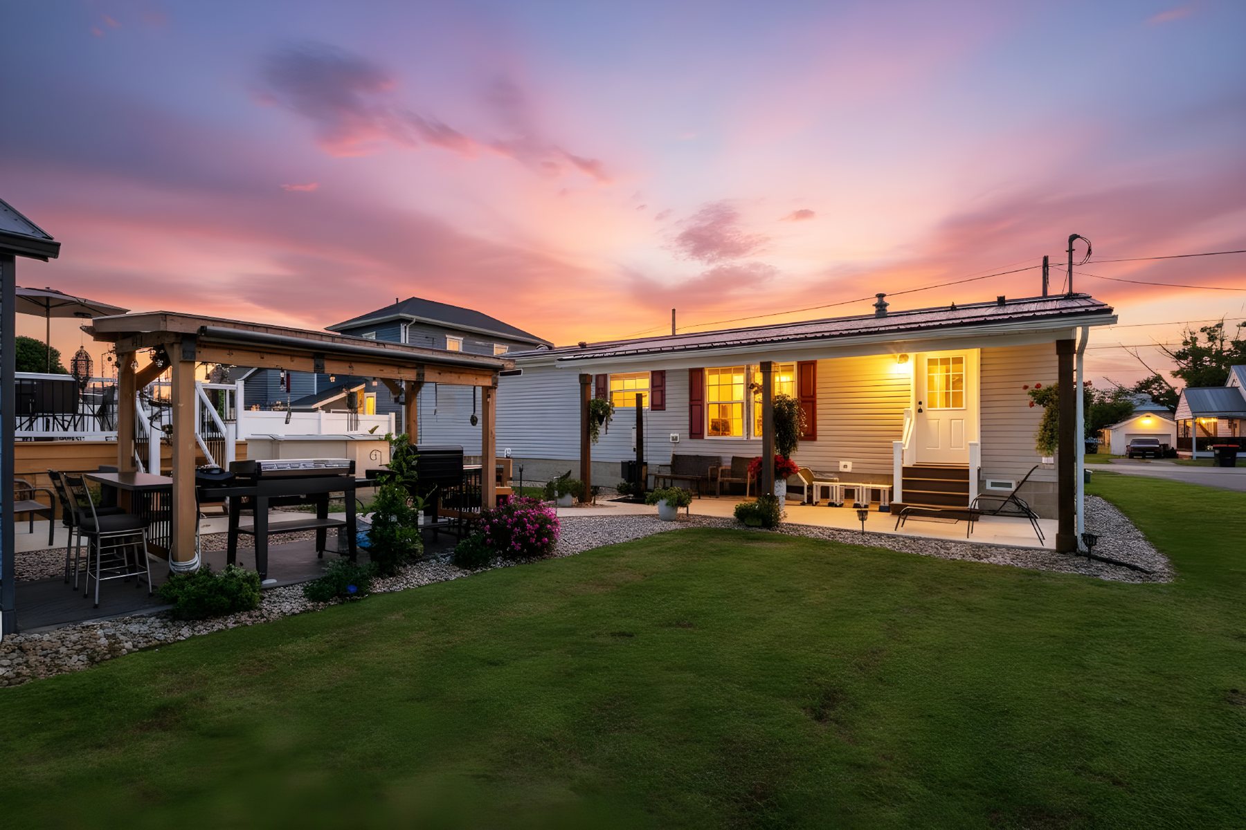 Exterior with digitally created twilight sky and lighting